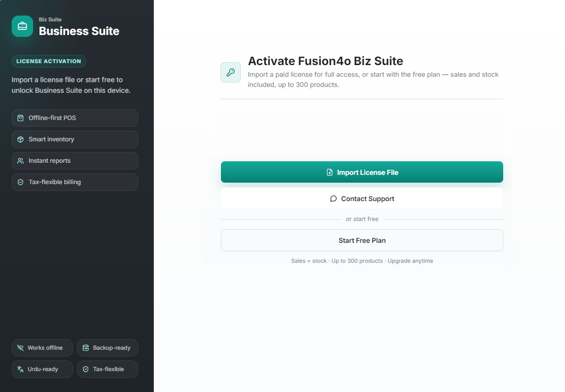 Fusion4o Biz Suite activation screen — import license or start free plan